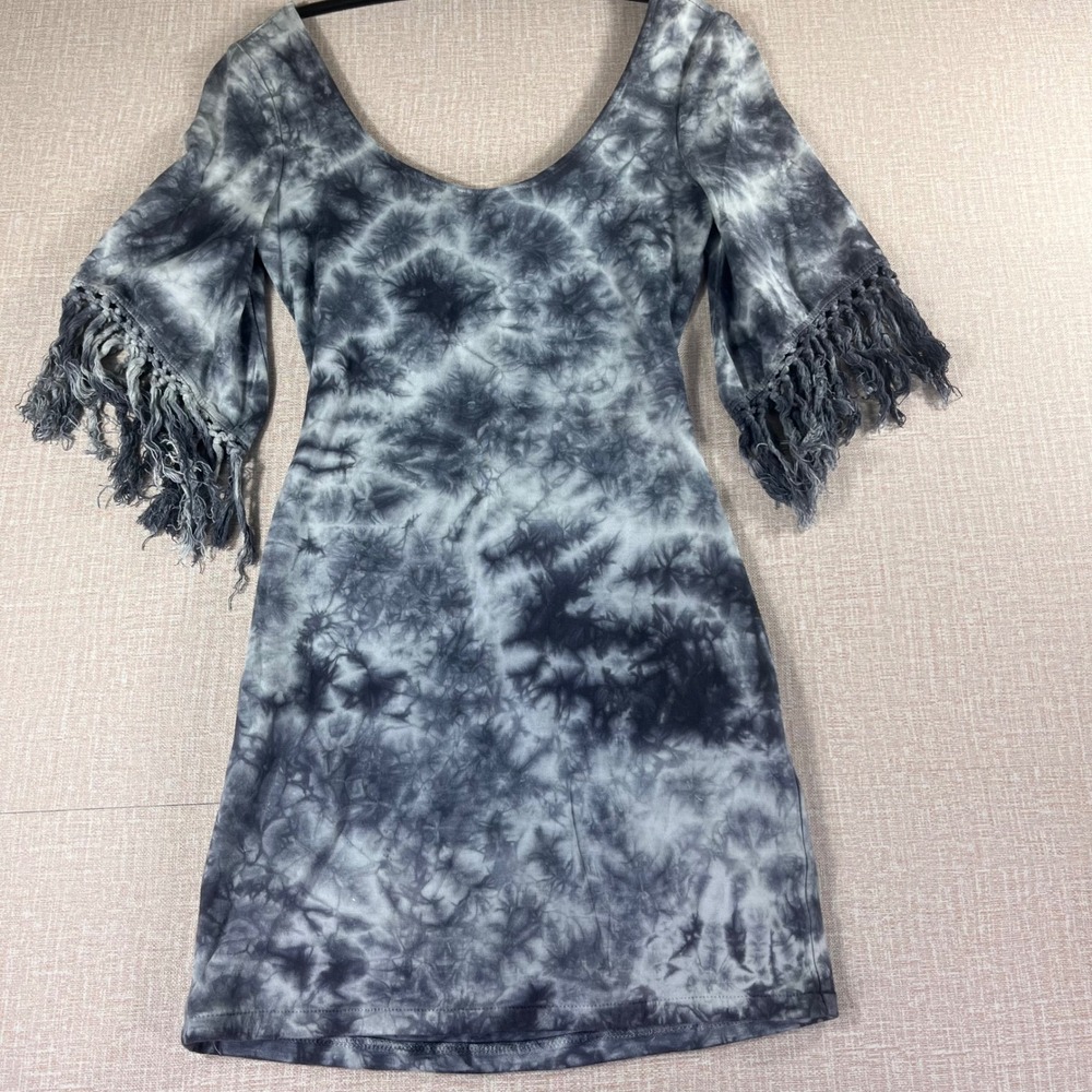 Billabong Tie Dye Dress Fringe Bell Sleeve Open Back Tie Mini Boho Women's S